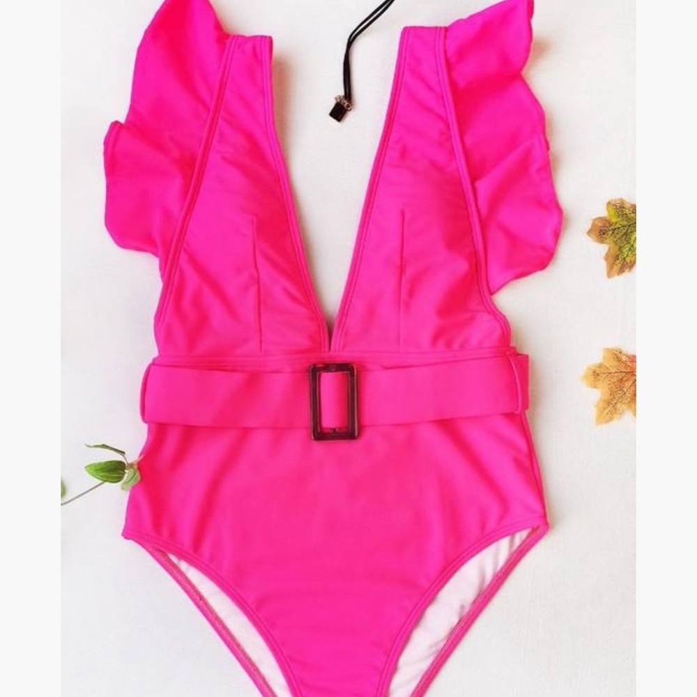 Pink plunge neckline belted swimsuit